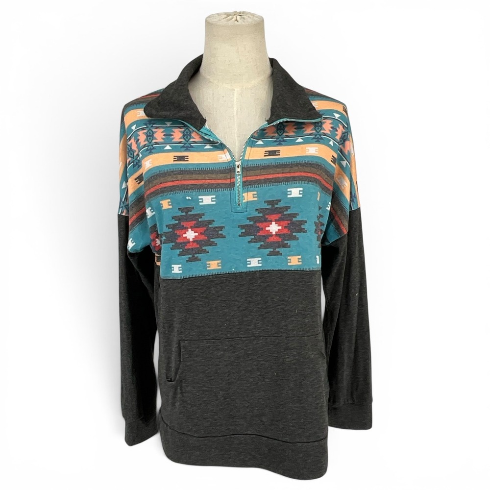 Merokeety Womens Southwestern Aztec Quarter Zip Pullover Charcoal Grey Small